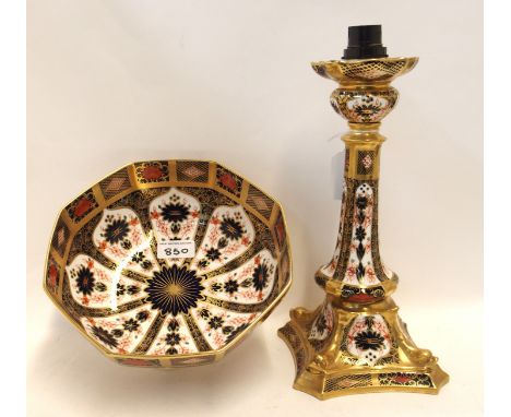 A Royal Crown Derby candlestick converted to an electric lamp base together with a Royal Crown Derby octagonal bowl Condition