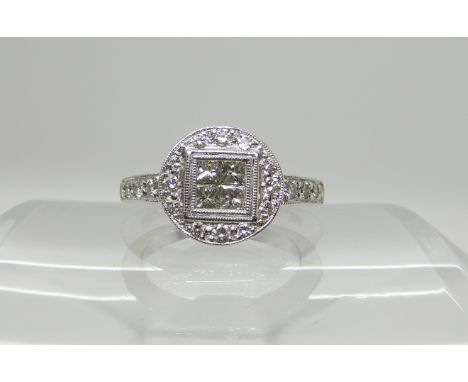 An 18ct white gold princess and brilliant cut diamond cluster ring, set with estimated approx 0.60cts, size K, weight 6gms Co