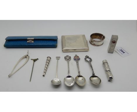 A lot comprising a silver compact, lipstick holder, cigarette holder case, napkin ring, silver mounted brush and some coffee 