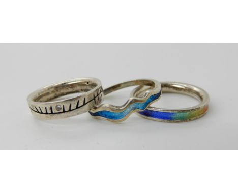 A silver Sheila Fleet rainbow enamel ring, size O1/2, a Sheila Fleet wave enamel ring size R1/2 and a silver diamond accent r