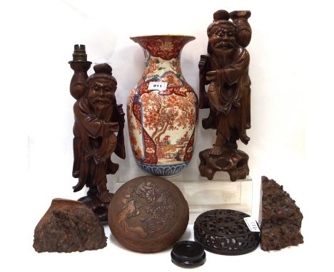 A pair of carved sage lamp bases, Kutani vase (af), rootwood bookends etc Condition Report: Available upon request