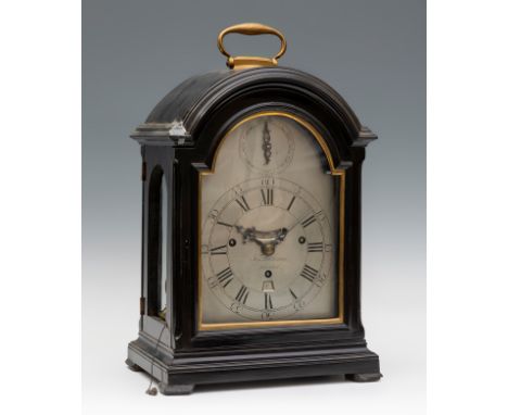 George II Bracket Watch, signed J.MARTINEAU, London 1744 - 1794.Cabinet case.Silvered dial, signed, pendulum in sight, strike