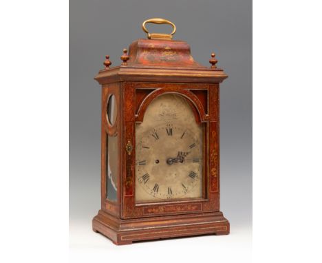 Bracket table clock. FOX&amp;SON, London, mid 18th century.Red lacquered case.Signed, silvered dial.Eight days winding machin