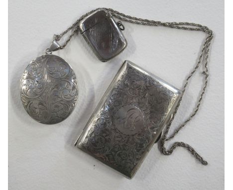 A silver locket and chain, together with a silver cigarette case and a silver vesta case