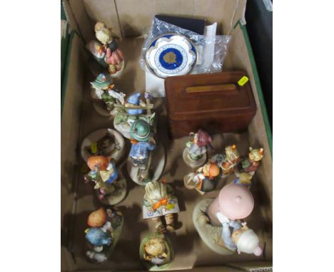 A box containing Hummel figures, wooden box etc