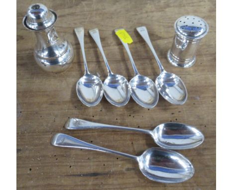 A collection of silver spoon, and two pepper pots