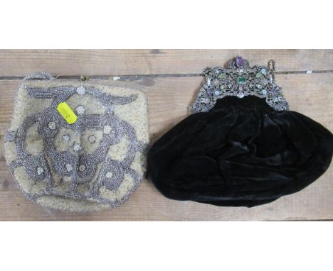 Two evening bags, one with beaded decoration, the other with silver coloured mount set with coloured stones