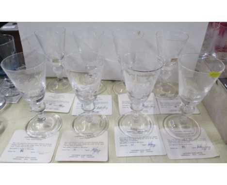 8 Caithness engraved glass goblets from the Christmas Goblet set, with certificates
