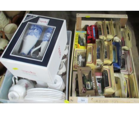 A box of model cars, together with a coffee set and a boxed Spode Italian pattern set