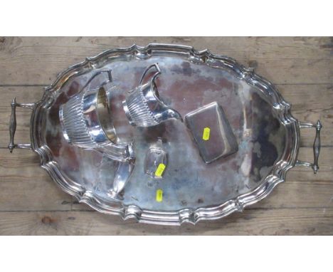 A silver plated oval tray, together with other silver plated items