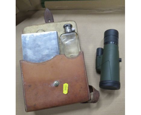 A leather cased picnic set, with sandwich box and flask, together with a monocular binocular