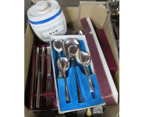 A collection of flatware, together with a Gin barrel