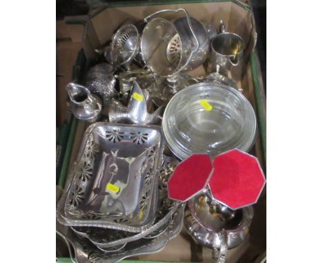 A box of assorted silver plated items