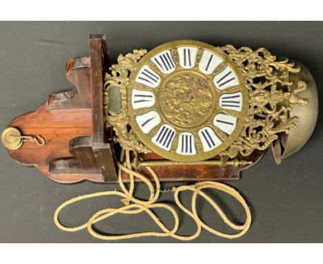 A 19th century French brass lantern clock, rooster cresting above enamelled dial cast with portrait profile of Louis XVI, Rom