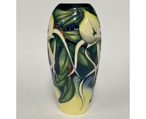A contemporary Moorcroft Allegria pattern slender ovoid vase, designed by Emma Bossons, monogrammed, tube lined with white fl