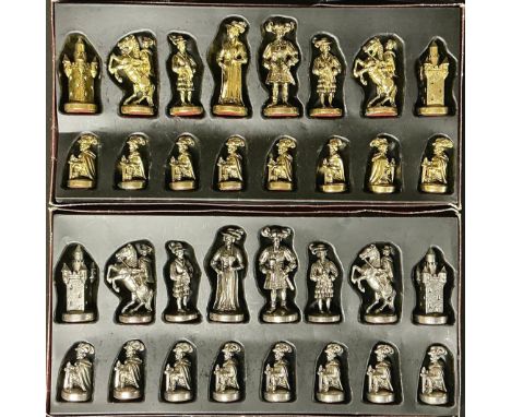 A cast metal Chess set, as classical Renaissance style figure, with board