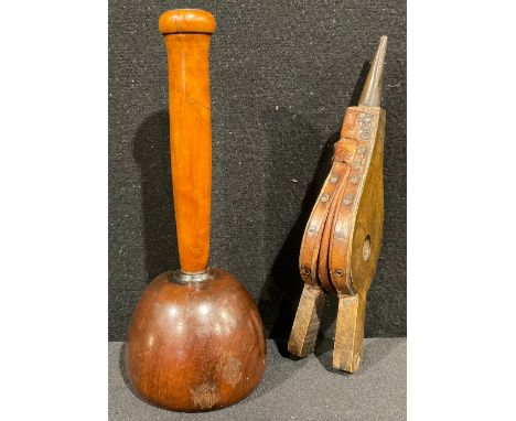 A pair of 18th/19th century wig bellows, 19.5cm long;  a 1920s Churce Mallet Gavel, Coven Wesleyan Sunday School, July 1924 (