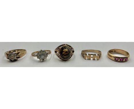 A 9ct gold pink synthetic ruby three stone dress ring;  others Smoky Qaurtz, Cz cluster  Nan ring etc, sixed dates and sizes 