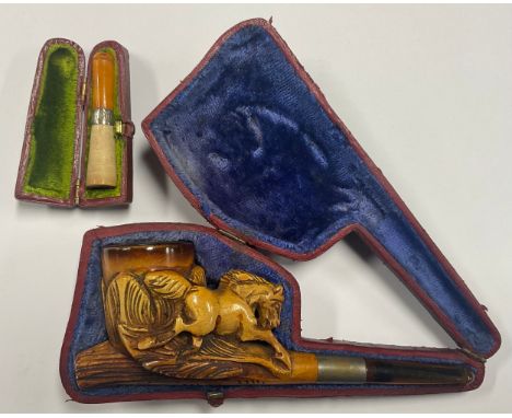 A Victorian meerschaum pipe, as a galloping horse, in fitted case, 15.5cm long; a cheroot holder, 6cm, in case (2)