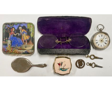 A Ladies Continental Silver Pocket Fob Watch, open face, chased and engraved, vacant cartouche, white enamel dial with raised
