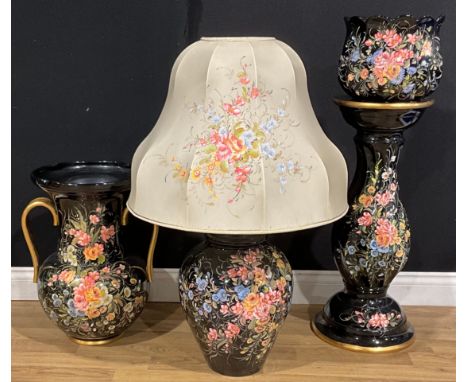 Interior Design - a large Italian pottery two-handled urnular vase, painted with colourful flowers and leaves, on a black gro