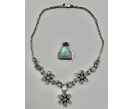 A Silver Moonstone and Sodalite Pendant and a Silver Moonstone Necklace;both pieces are stamped "925",the pendant has an arch