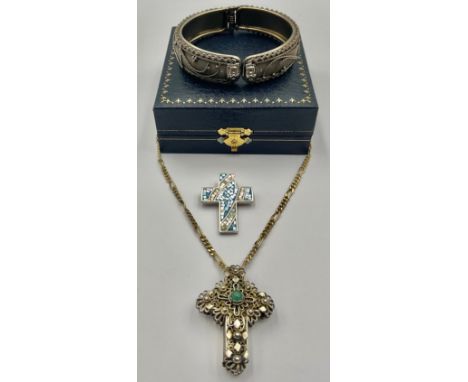 A selection of Jewellery;to include a Tested Silver Filigree Cross Pendant with gold plated chain, a "925" stamped mosaic des