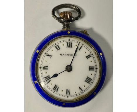 A Balmoral enamelled 925 silver fob watch, white dial, Roman numerals, the case with gilt and silver floral scrolls, cobalt b