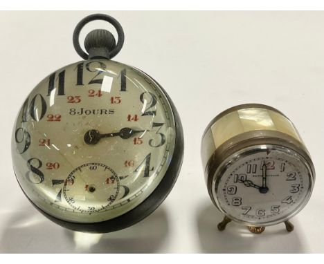 A French globe eight-day desk clock, 8cm high; a miniature mother of pearl clock, 3.5cm high (2)