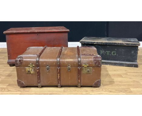 A late Victorian ebonised pine carpenter’s tool chest, 34cm high, 80cm wide, 42cm deep; a late 19th/early 20th century pine b