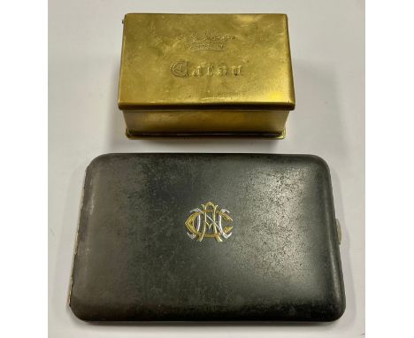A 19th century brass table snuff box, made by H. J. Hatfield, London, engraved with coronet, 8.5cm x 5.5cm; another, a Japane