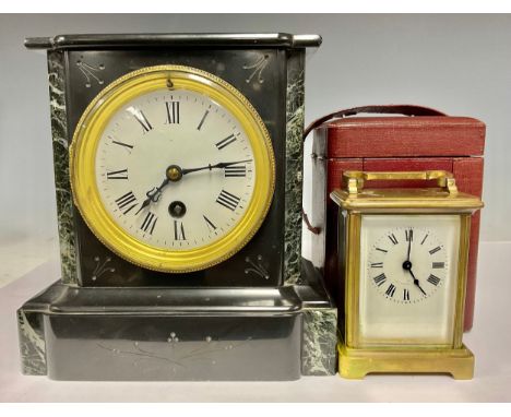 An early 20th century French brass lacquer carriage clock, enamel dial, Roman chapter ring, gorge case, 14cm to top of handle