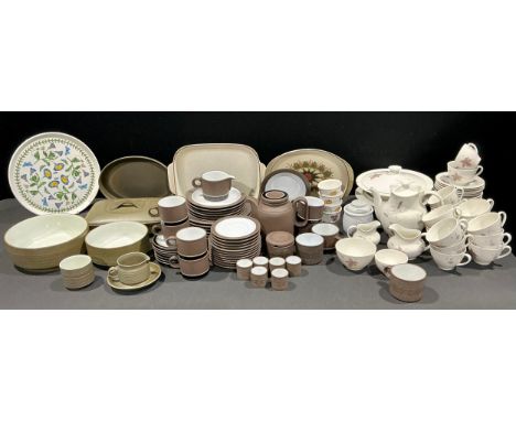 A Royal Doulton Tumbling Leaves pattern part dinner and tea service, comprising tureens and covers, coffee pot, cream jug, mi