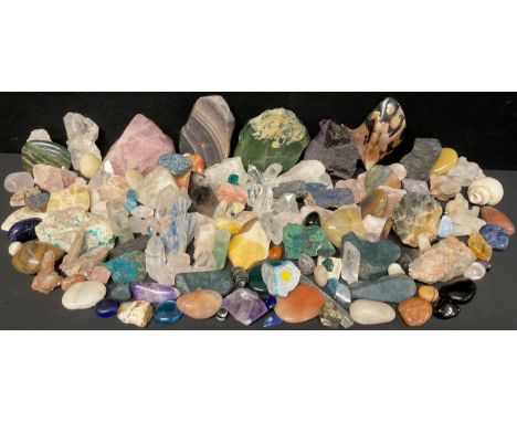 A box of assorted rough crystals and mineral specimens;to include Rose Quartz, Smoky Quartz and Amethyst