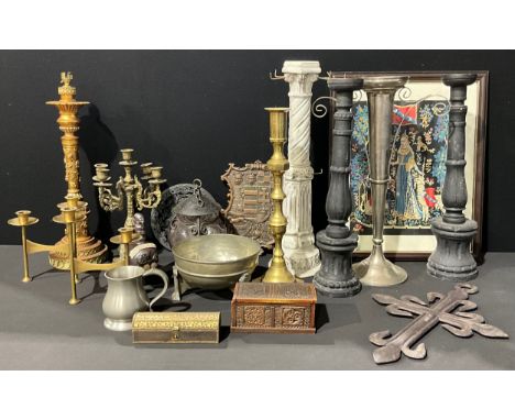 Interior Decoration - a pair of softwood pricket candlesticks, 55cm high; a brass Baroque style four-branch five-light candel