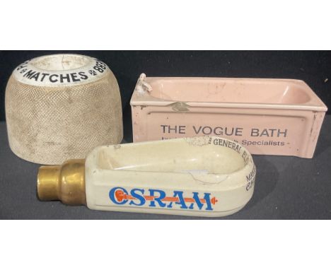 An Osram Lamps advertising ceramic ash tray, 15cm long; others similar, a Captain Webb Duck matches advertising ash tray, 9cm