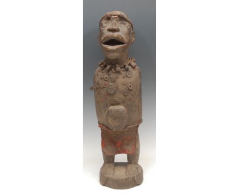 Tribal Art - a Yombe/Woyo power figure, standing, open mouthed, 50cm high, Democratic Republic of Congo