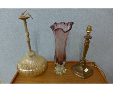 An amethyst glass vase, 41cms high, an early 20th Century hanging light and an Art Nouveau style table lamp 