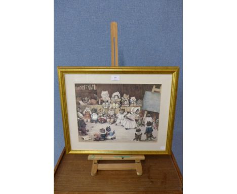A Louis Wain print, Mrs Tabitha's Cats Academy and an easel 