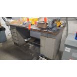 Steel Double Pedestal Work Bench with Wood Top, Wilton Bench Vise, Swivel Clamp-On Magnifying Light