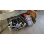Lot - Misc. Oil Cans, Gloves, Brushes, Plastic Bins, Paper Cutter, Etc.; with Steel & Plastic Bin