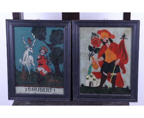 A lot consisting of glass paintings of St Hubertus, patron saint of the hunt, and St. Florian, patron saint of the pompiers. 