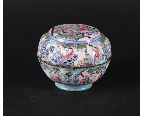 An enamel cloisonné lidded box with figure decorations (possibly a scene from the Romance of the Western Chamber). China 18th