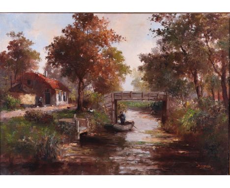 Dutch School, first half 20th century, A bridge over the water, signed "Bolman". (lower left), oil on canvas.50 x 70 cm. 