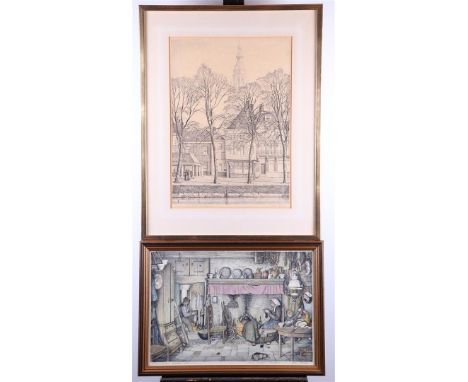 Jan Strube (Amsterdam 1892 - 1985 Breda), "Peasant interior around 1900", resp. "Haven met Vismarkt te Breda", both lithograp