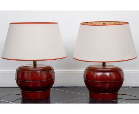 A pair of oxblood red, bamboo, lamp bases with a modern shadeH.: 55 cm. 