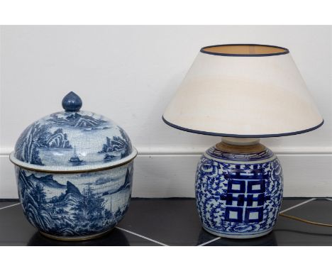 A lot consisting of a ginger jar converted into a table lamp and a lidded jar, China, 20th century.