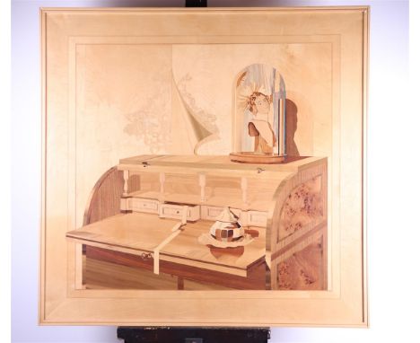 An intarsia representation of an Italian interior in which a secretaire with Madonna bust under bell jar and peeling wallpape