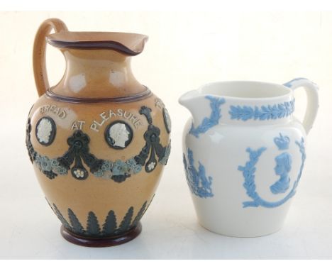 A Victorian Doulton Lambeth salt glazed jug the floral swag body applied portrait cameos and the motto ''Bread at Pleasure Dr