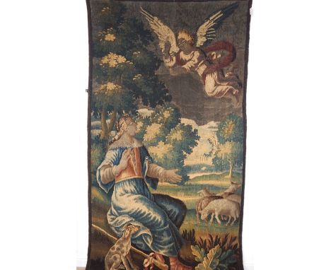 An 18th Century French wall hanging tapestry, depicting a shepherdess visited by an angel. 230 x 130cm  